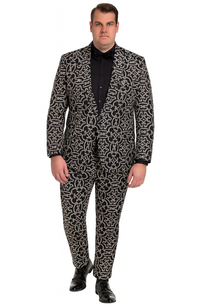 Men’s Black and Silver Sequin Tuxedo - Slim Fit 2-Piece Party and Wedding Suit with Sparkling Design- Black and White Color USA Men's Outlet