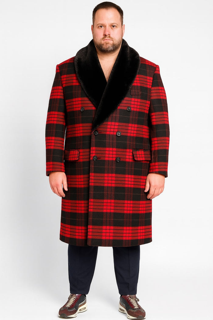 Mens Red and Black Plaid Wool Overcoat with Black Faux Fur Shawl Collar - Double-Breasted Winter Coat - Tartan Design by USA Men's Outlet