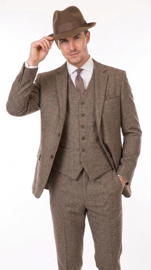 Men’s Brown Herringbone 3 Piece Suit – Vintage 1950s Inspired Tweed Vested Classic Suit