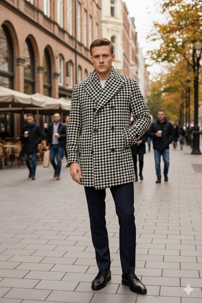 Mens Houndstooth Double-Breasted Overcoats - Classic Black and White Wool Blend Peacoat Wool Fabric by USA Men's Outlet