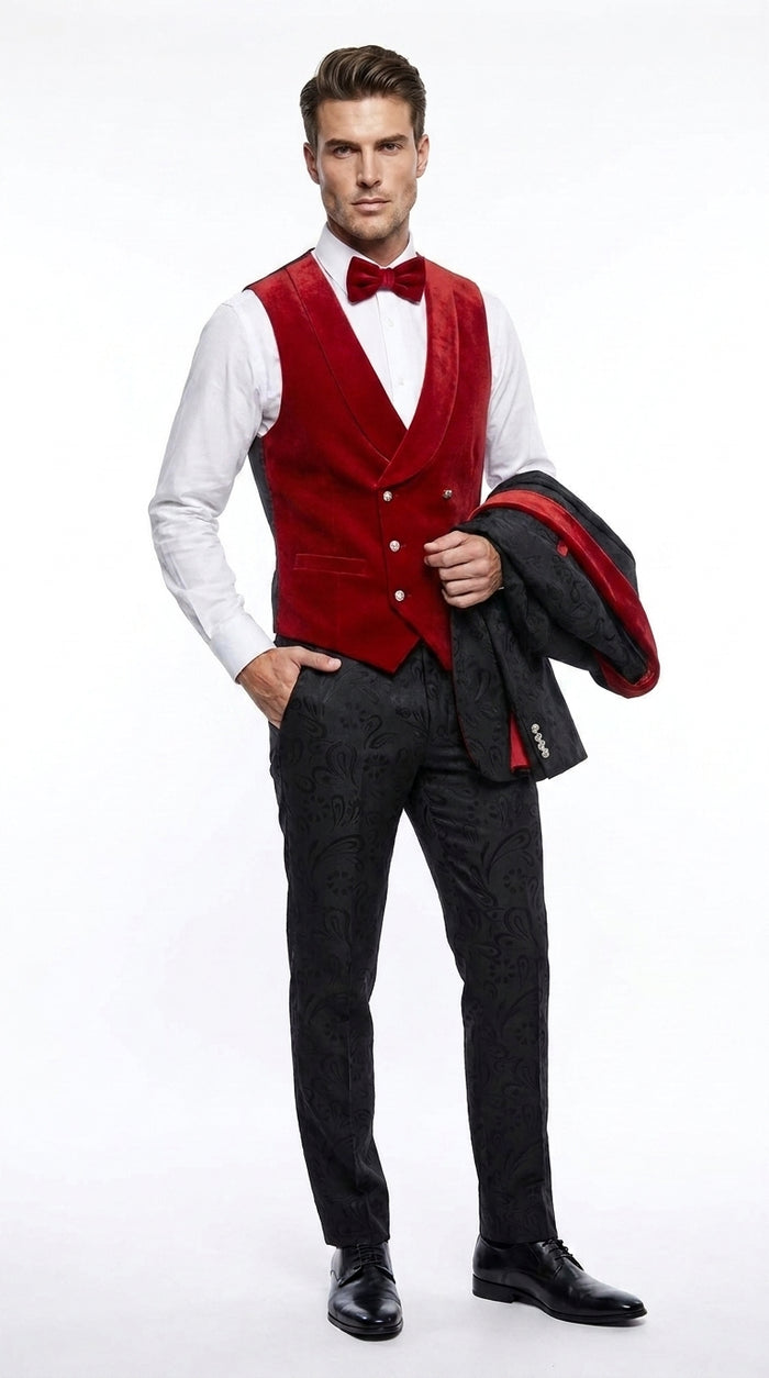 Men’s Black Paisley Tuxedo with Red Velvet Shawl Lapel – 3 Piece Wedding Prom Suit With Matching Bowtie
