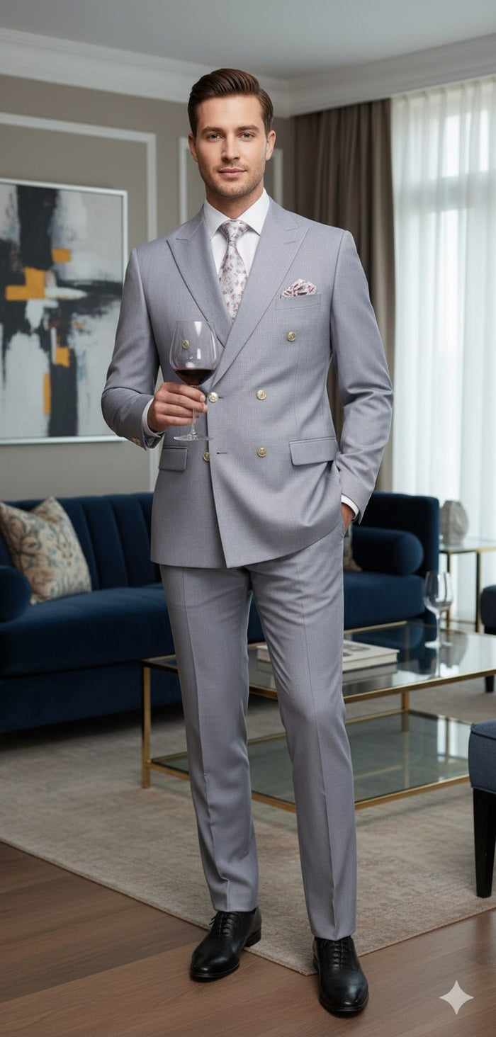 Mens Silver Grey Double-Breasted 3-Piece Suit - Classic Tailored Fit with Peak Lapel and Gold Buttons for Weddings, Church and Formal Events by USA Men's Outlet