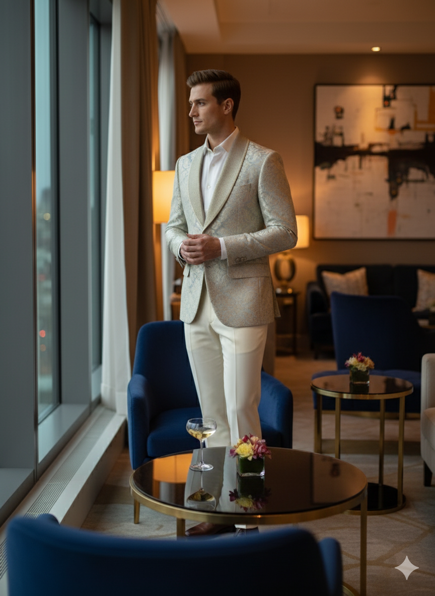 Men’s Champaign Silver and Cream Embroidered Luxury Blazer – Floral Pattern Wedding & Party Dinner Jacket in Light Tan Color