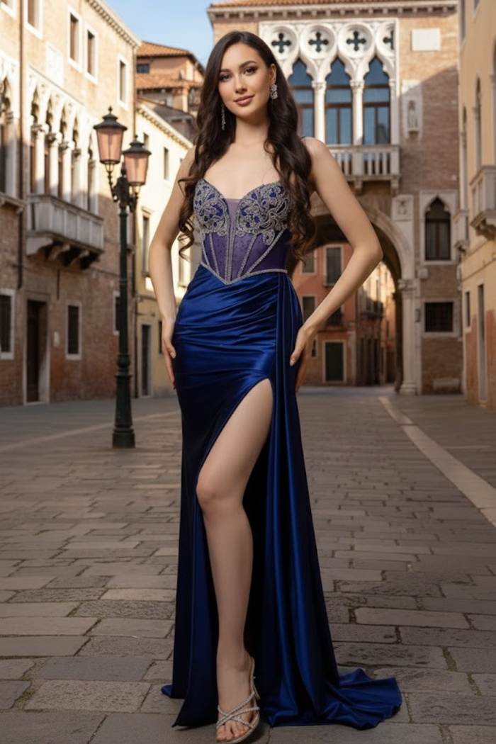 Evening Gown with Beaded Corset Bodice & High Slit Prom Dress By May Queen MQ2168