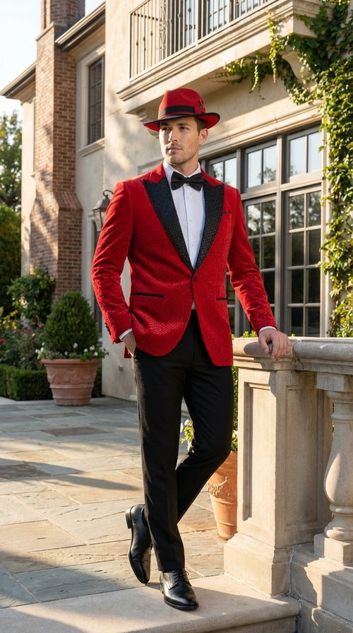 Men’s Red Velvet Fabric Rhinestone  Blazer with Matching Red and Black Hat – Christmas New Year Holiday Party Jacket Set