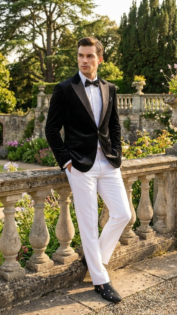 Men’s Black Velvet Tuxedo Blazer with Studded Lapel - Formal Evening Jacket by USA Men's Outlet
