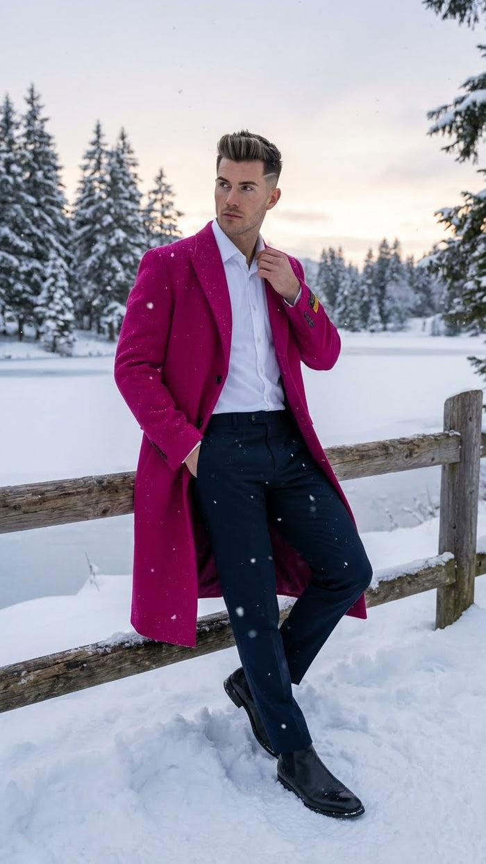 Men’s Hot Pink Wool Blend Overcoat - Topcoat Carcoat Winter Fabric by USA Men's Outlet