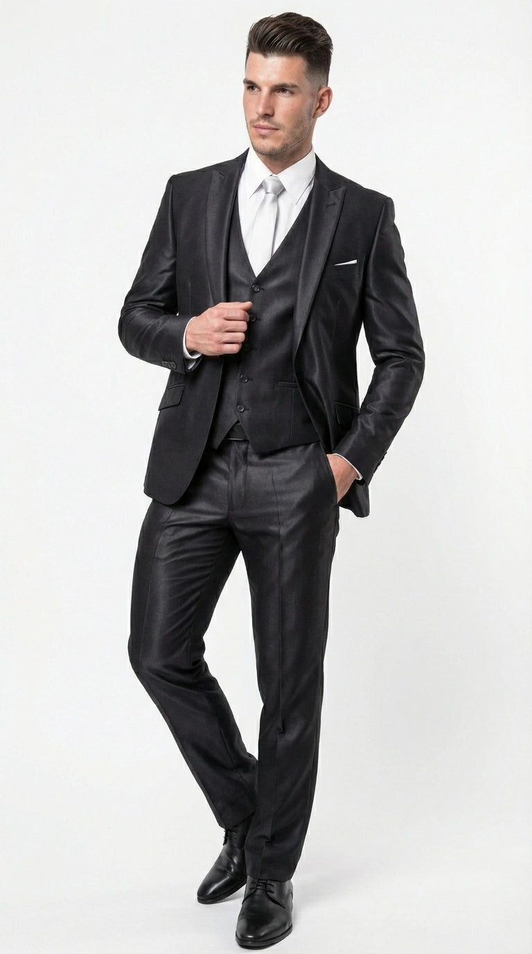 Men’s Black Three Piece Suit – Modern Fit 3PC Formal Suit with Vest for Wedding, Prom and Business Events Sharkskin Shiny Fabric