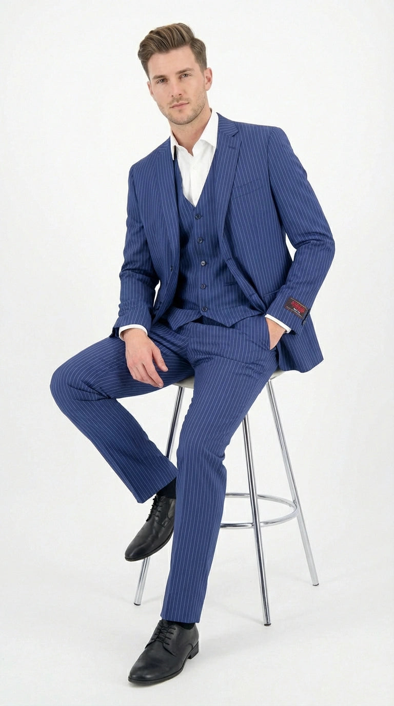 Men’s Royal Blue Pinstripe Three Piece Suit – Classic Formal 3PC Business and Wedding Suit Indigo Teal Saphire Pinstripe