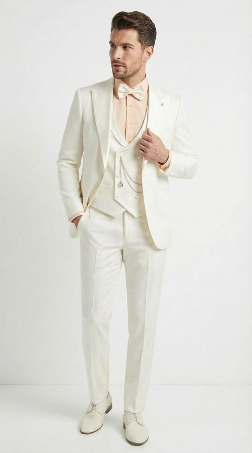 Vinci Men’s Ivory Three Piece Suit – Ivory 3PC Formal Wedding Suit for Groom, Prom and Black Tie Events