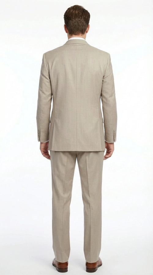 Men’s Tan Pinstripe Three Piece Suit – Classic Fit Pleated Pants  Tan Sand Beige Wedding, Church Shadow Ton on Tone  Business Suit for Men