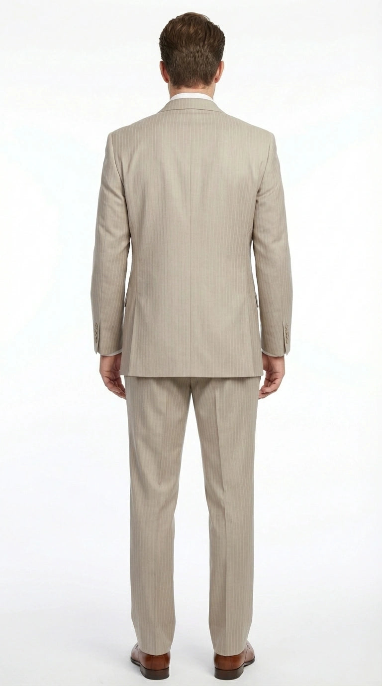 Men’s Tan Pinstripe Three Piece Suit – Classic Fit Pleated Pants  Tan Sand Beige Wedding, Church Shadow Ton on Tone  Business Suit for Men