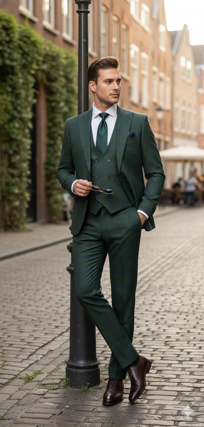 Men’s Green Plaid 3-Piece Suit - Classic Check Slim Fit Suit for Weddings, Church, and Formal By Rossiman USA Men's Outlet