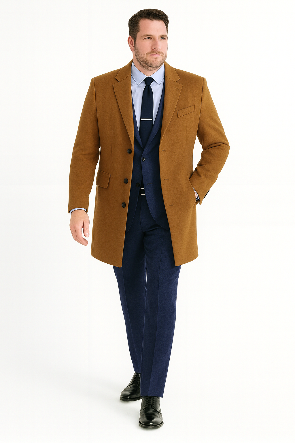 Men’s Camel Brown Wool Overcoat - Classic Long Dress Coat for Business and Casual Wear in Vecuna Color by USA Men's Outlet