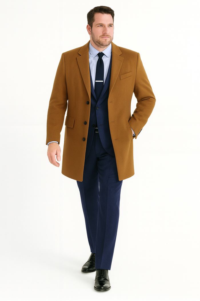 Men’s Camel Brown Wool Overcoat - Classic Long Dress Coat for Business and Casual Wear in Vecuna Color by USA Men's Outlet