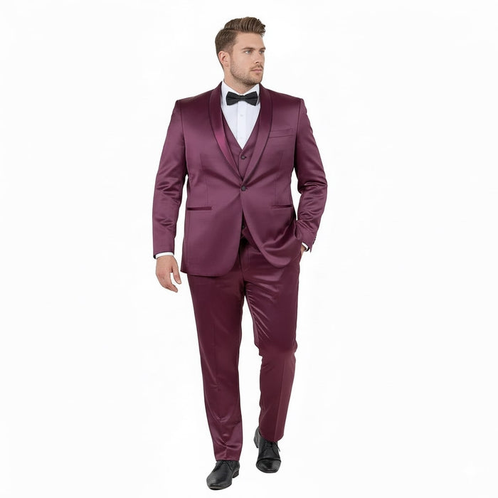 Mens Sateen Shiny Burgundy Slim Fit Tuxedo - Satin Shawl Lapel 3-Piece Suit by USA Men's Outlet