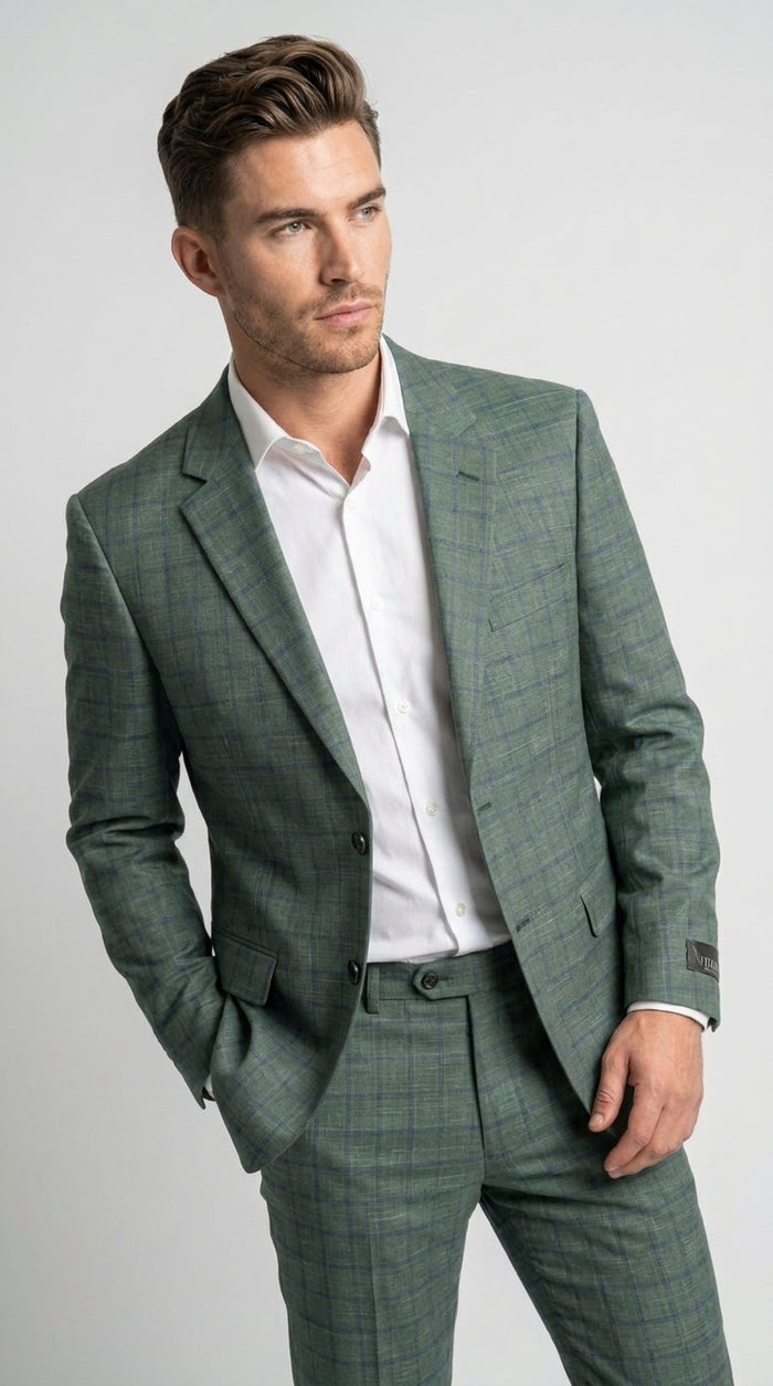 Men’s Tartan olive Green with blue checker Windowpane 2-Piece Suit – Modern Fit Plaid, Business and Formal Suit english styl