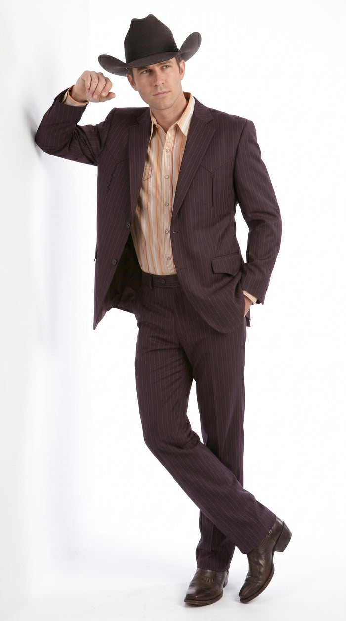 Men’s Brownish Black Pinstripe Western Suit, Cowboy Formal Wedding Ranch Dress Suit Set Slim Fitted
