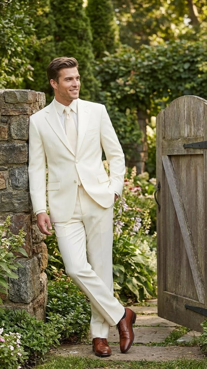Men’s Ivory Tuxedo Suit with Satin Notch Lapel - Formal Wedding and Evening Wear Suit in Cream Off White Color by USA Men's Outlet