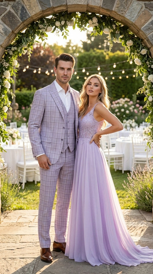Men’s Lilac Lavender Windowpane Check 3 Piece Suit – Lilac Plaid Formal Suit with Vest for Wedding, Prom and Business Events