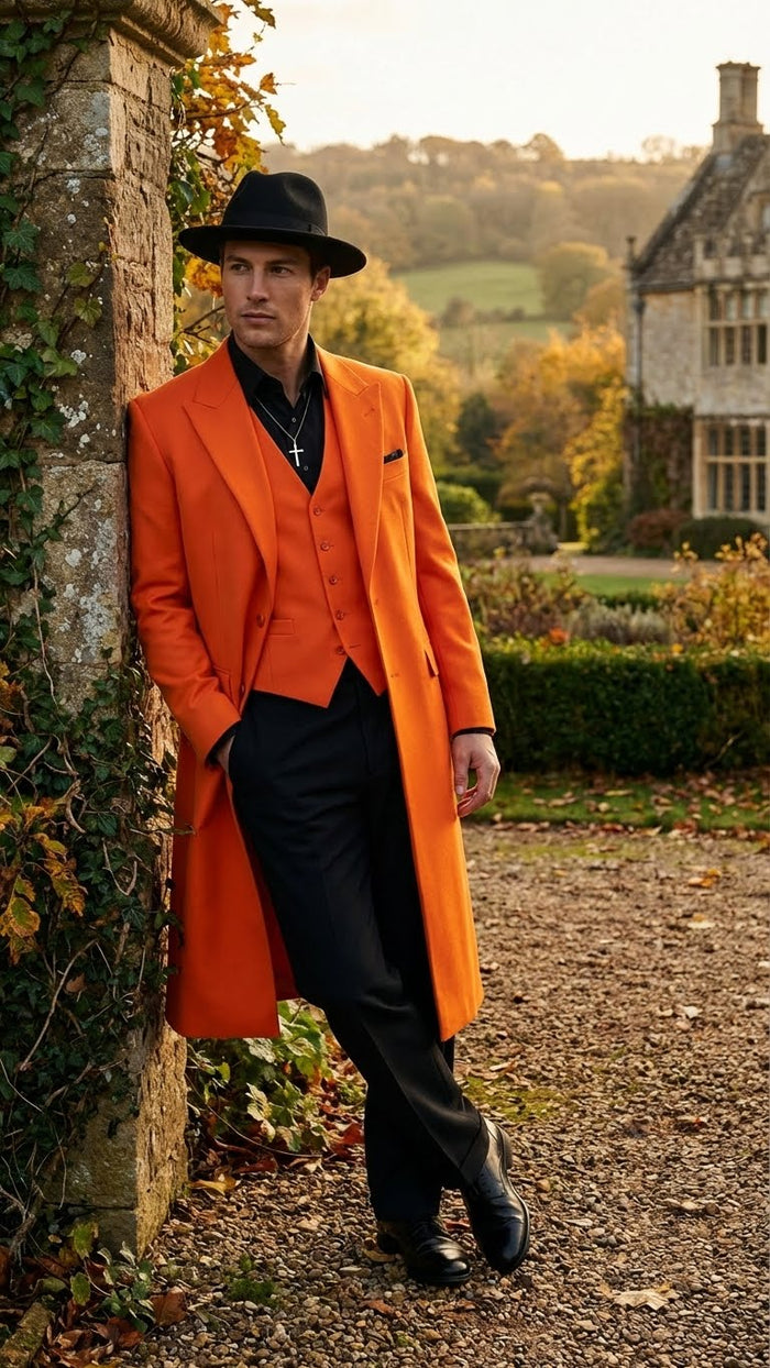 Men’s halloween Costume Orange Long Zoot Suit Set With Black Shirt and Black Pants included by USA Men's Outlet