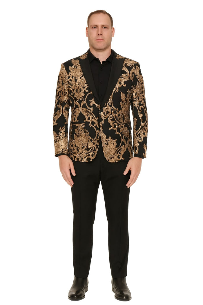 Mens Black and Rose Gold Floral Embroidered Blazer Suit Black Pants - Luxury Tuxedo Jacket for Weddings, Proms and Parties by USA Men's Outlet