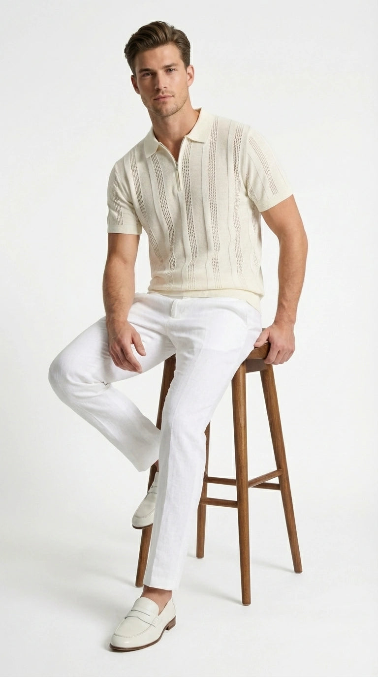 Mens Cream Ivory Off White Knit Walking Suit Set – Lightweight Short Sleeve Shirt and Pants Outfit for Summer, Vacation and Casual Wear