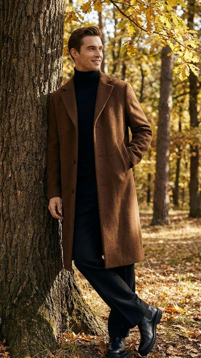 Men’s Brown Long Wool Overcoat - Topcoat Wool Carcoat Three Quarter by USA Men's Outlet