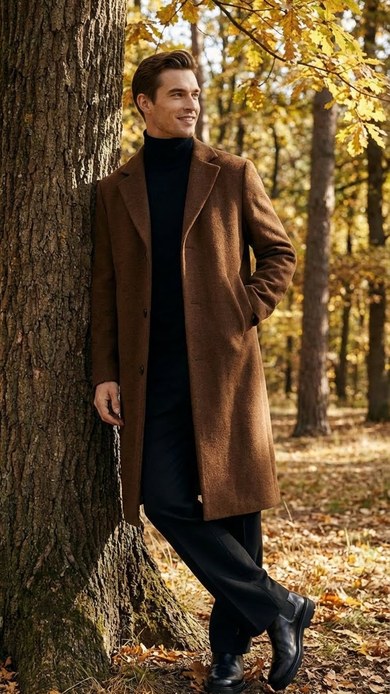 Men’s Brown Long Wool Overcoat - Topcoat Wool Carcoat Three Quarter by USA Men's Outlet