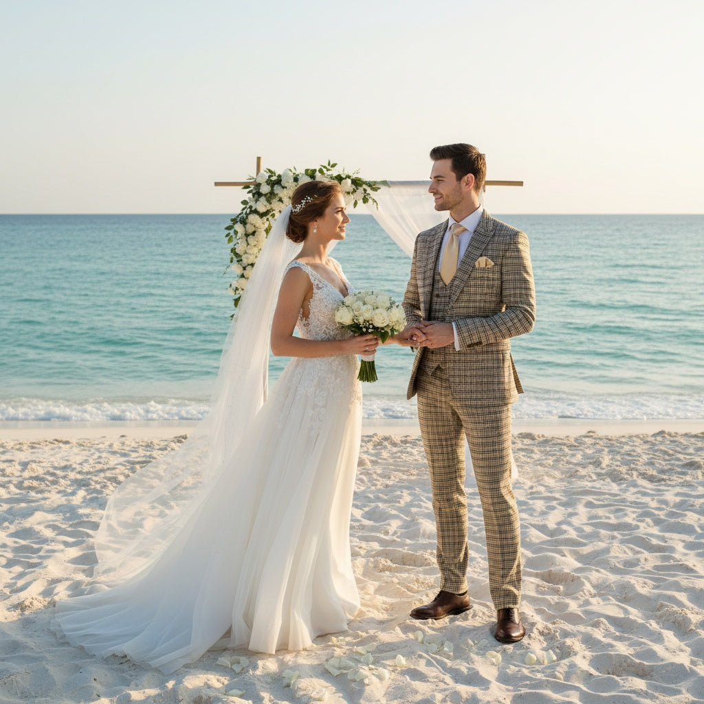 Men’s Beige and Navy Check 3-Piece Suit Set – Premium Tailored Fit Formal Wedding and Business Suit By Rossiman