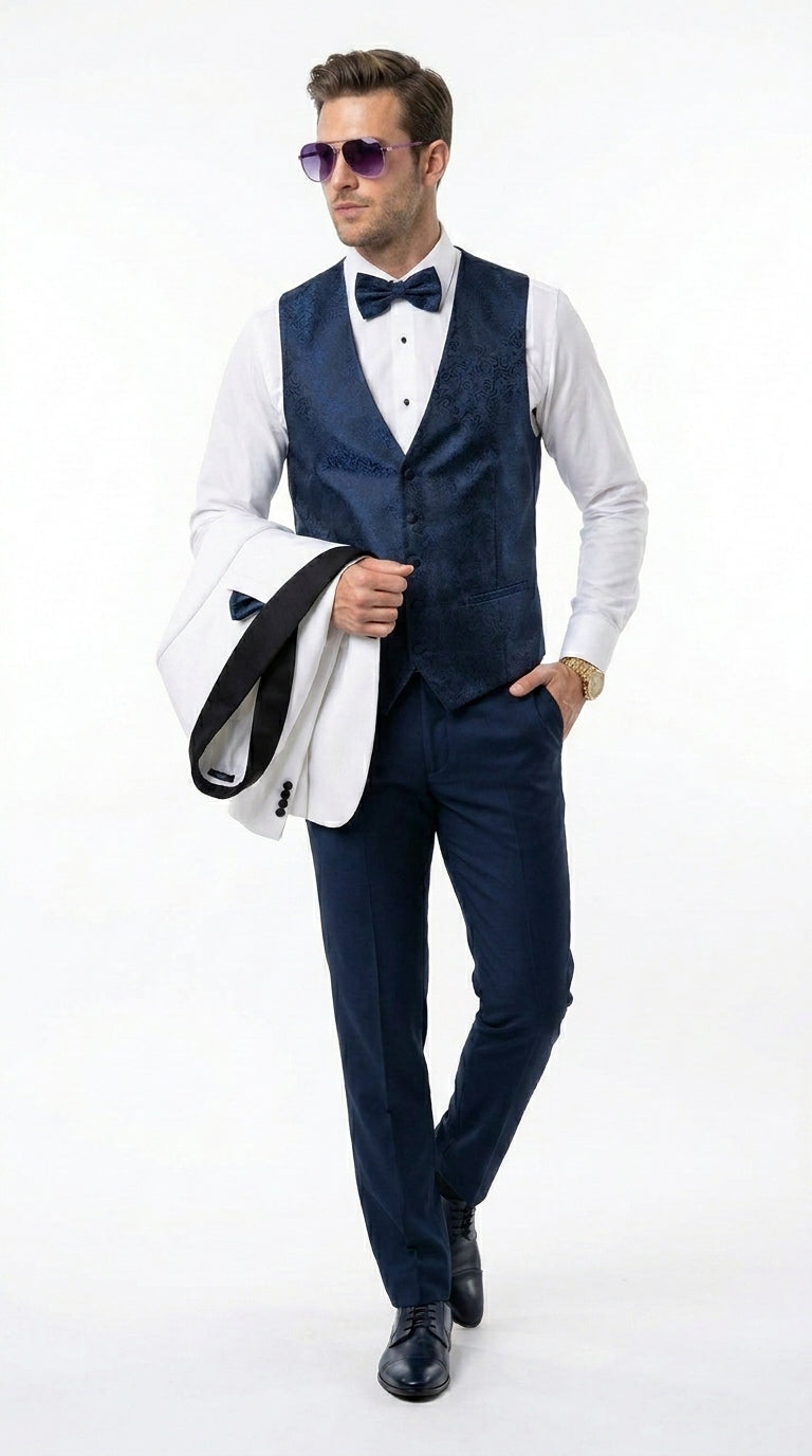Men’s White and Navy Blue Tuxedo Wedding Suit with Blazer, Vest, Pants and Bow Tie, Formal Groom Suit