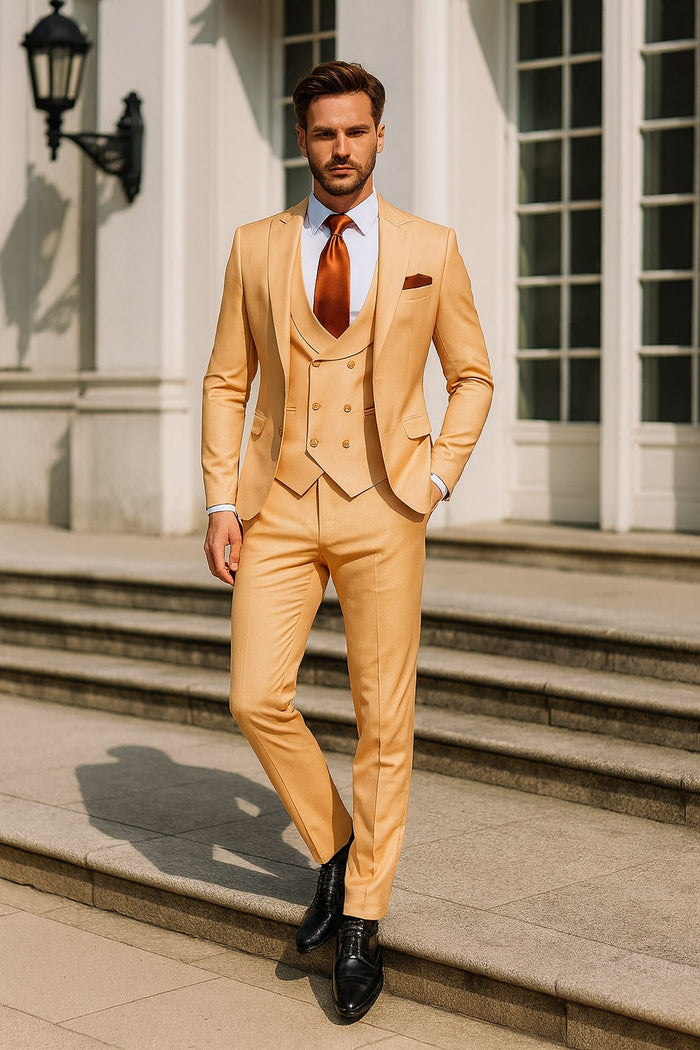 Mens Peach 3-Piece Suit - Double-Breasted Vest, Notch Lapel Blazer, Slim Fit Dress Pants by USA Men's Outlet