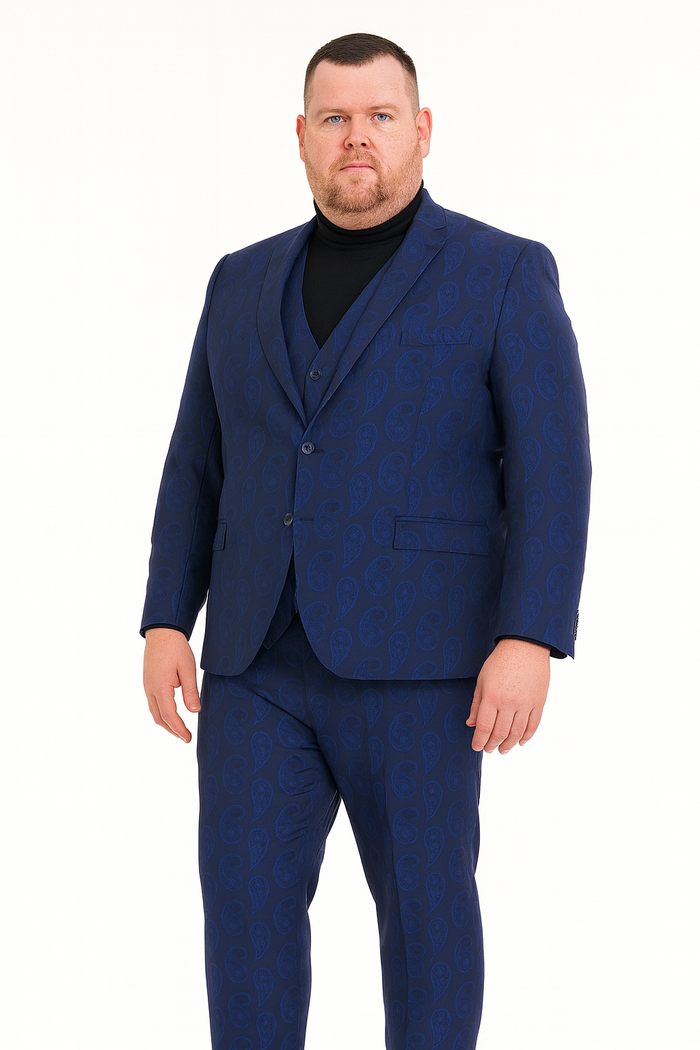 Men’s Sapphire Blue Paisley 3-Piece Suit - Slim Fit Designer Tuxedo Set for Weddings and Formal Events in Cobalt Blue Color by USA Men's Outlet