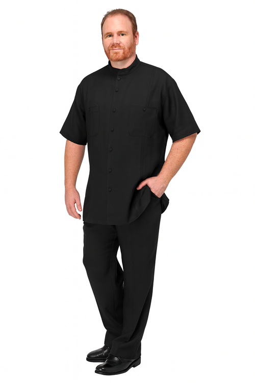 Men’s Black Banded Collar Walking Suit - Short Sleeve Shirt and Matching Pants Banded Collar Linen Fabric by USA Men's Outlet