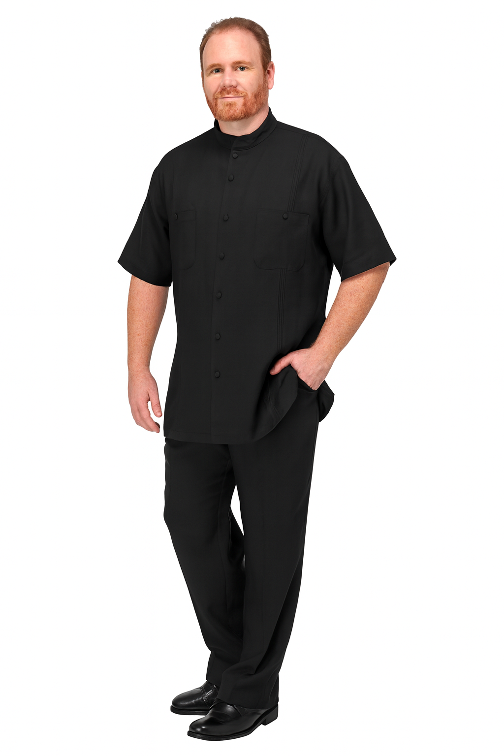 Men’s Black Banded Collar Walking Suit - Short Sleeve Shirt and Matching Pants Banded Collar Linen Fabric by USA Men's Outlet