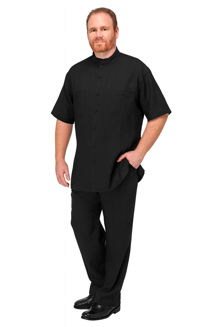 Men’s Black Banded Collar Walking Suit - Short Sleeve Shirt and Matching Pants Banded Collar Linen Fabric by USA Men's Outlet