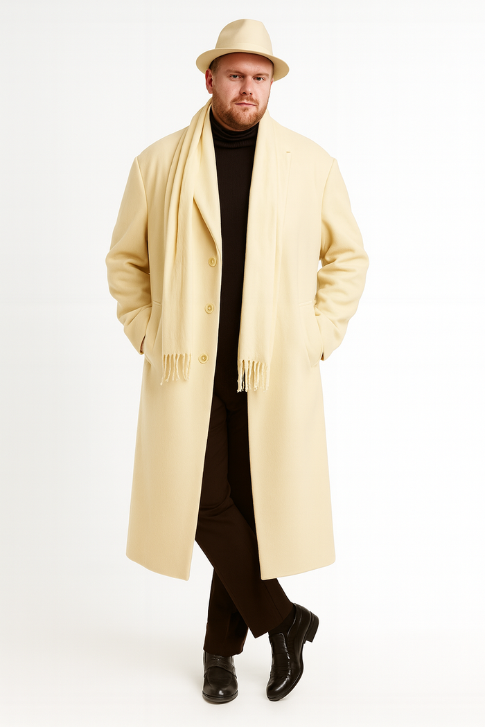 Men’s Long Cream Overcoat Wool Fabric in Ivory Off White Color Full length by USA Men's Outlet
