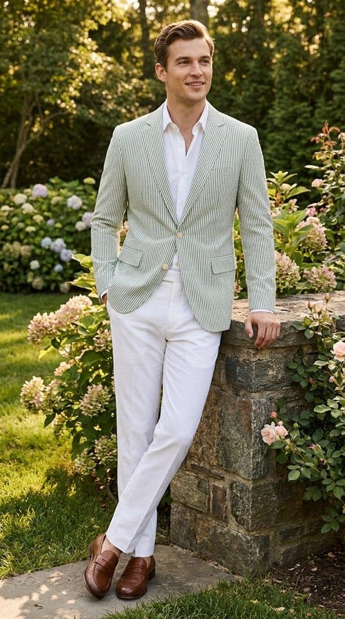 Mens Sage Green Seersucker Blazer – Lightweight Striped Summer Sport Coat Casual Smart Formal Jacket