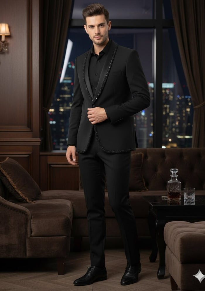Mens Classic Black Designer Blazer with Beaded Lapel - Elegant Formal and Party Wear Dinner Jacket For Groom by USA Men's Outlet