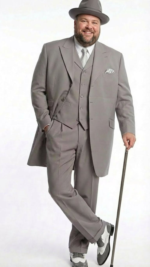Men’s Gray Zoot Suit with Matching Hat and 1920s Shoes | Grey Vintage Wedding and Party Three Piece Suit
