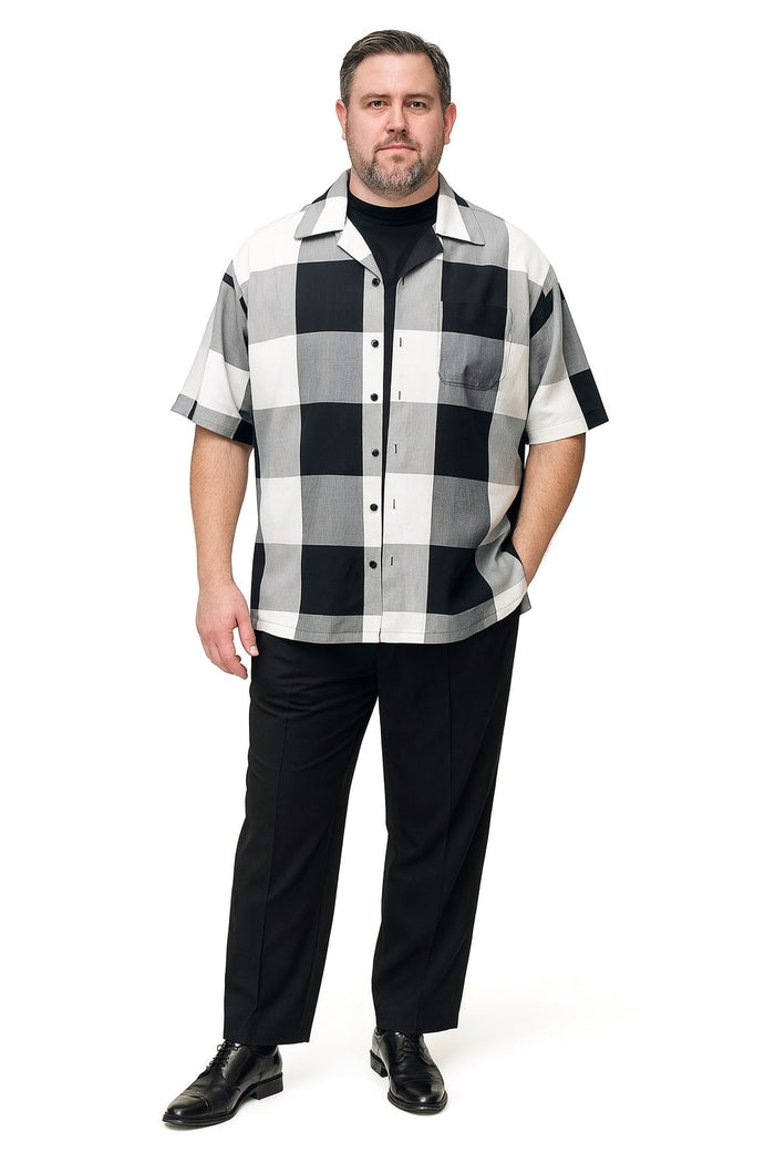 Mens Black and White Checkered Short Sleeve Shirt Set - Casual Two-Piece Summer Outfit by USA Men's Outlet