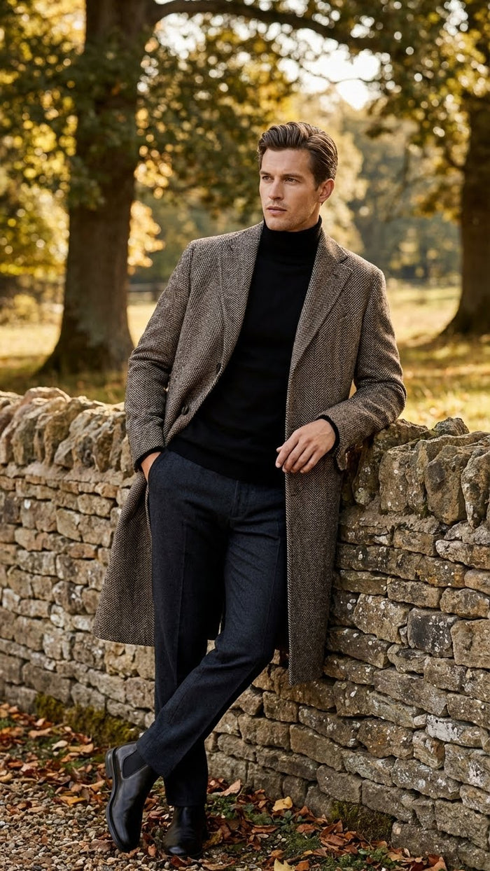 Men’s Black & Grey Herringbone Tweed Wool Blend Overcoat - Classic Single-Breasted Winter Blazer Carcoat by USA Men's Outlet