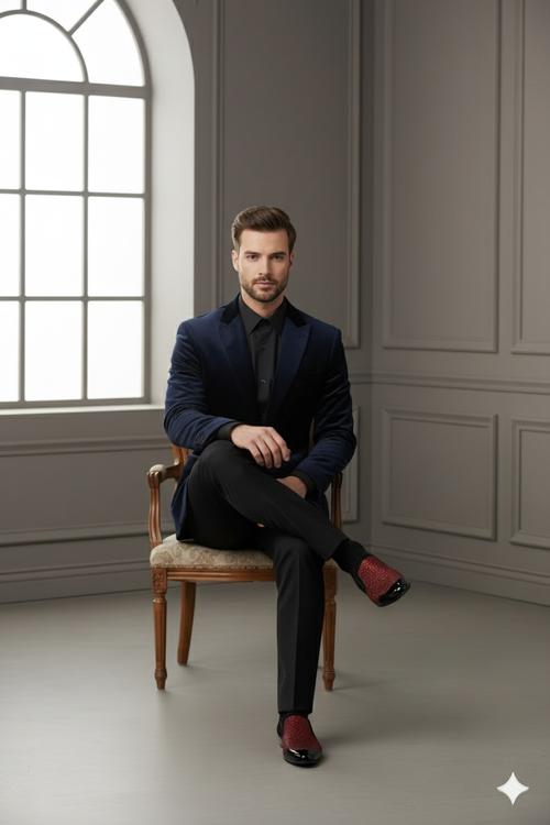 Men’s Red Glitter Tuxedo Loafers - Shiny Slip-On Dress Shoes with Black Patent Toe for Parties and Formal Events - USA Men's Outlet