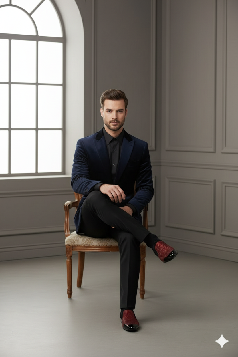 Men’s Red Glitter Tuxedo Loafers - Shiny Slip-On Dress Shoes with Black Patent Toe for Parties and Formal Events - USA Men's Outlet