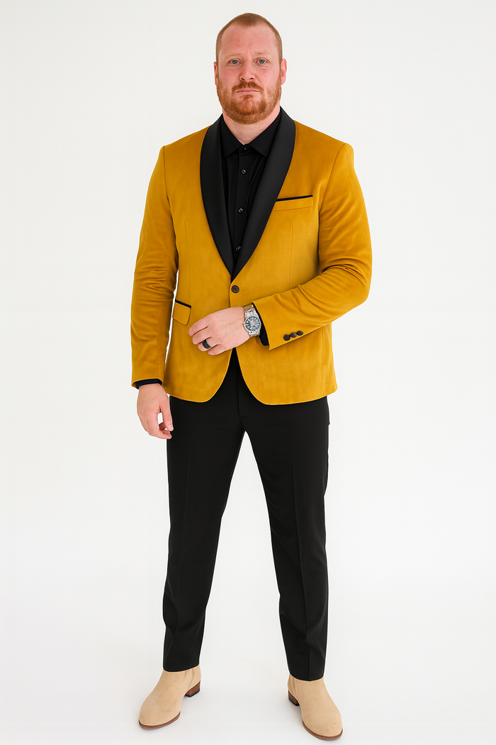 Men’s Mustard Gold Velvet Tuxedo Jacket - Slim Fit Dinner Blazer with Black Satin Shawl Lapel + Free Black Pants & Bowtie by USA Men's Outlet