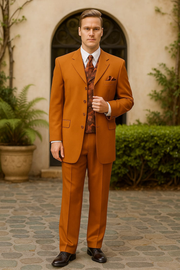 Mens Rust 3-Piece Fashion Suit - Notch Lapel with Paisley Vest, Tie and Pocket Square - Zoot Suit by USA Men's Outlet