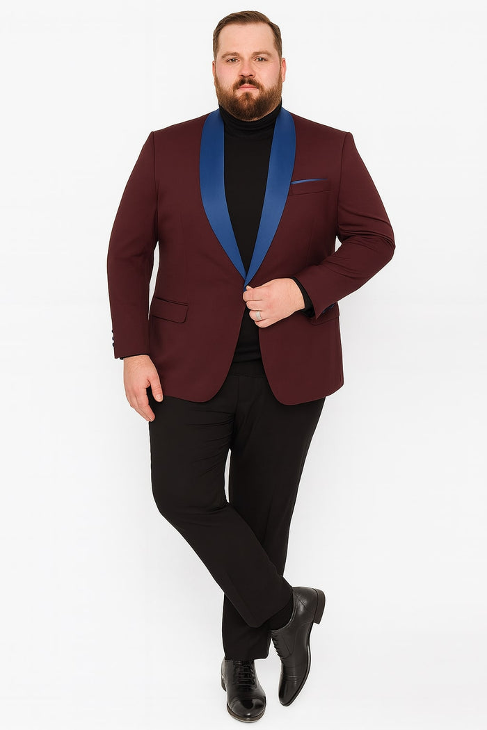 Mens Burgundy Tuxedo Dinner Jacket Blazer with Blue Satin Shawl Lapel Wedding and Party Jacket USA Men's Outlet