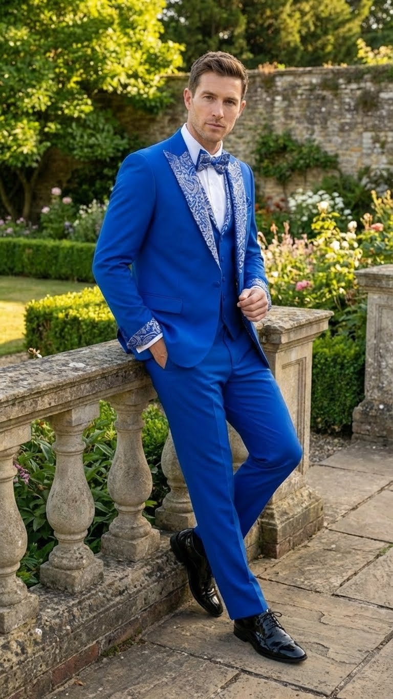 Men’s Bright Royal Blue and White lapel  Embellished Tuxedo Suit –  3-Piece Formal Wedding, Prom, and Gala Outfit