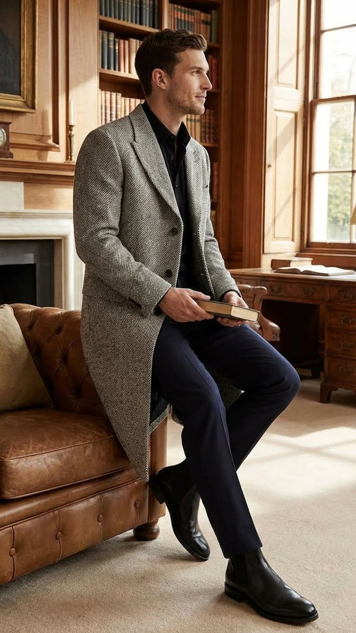 Men’s Grey Herringbone Long Overcoat - Tweed Black and White Pattern Wool Topcoat Three Qaurter USA Men's Outlet