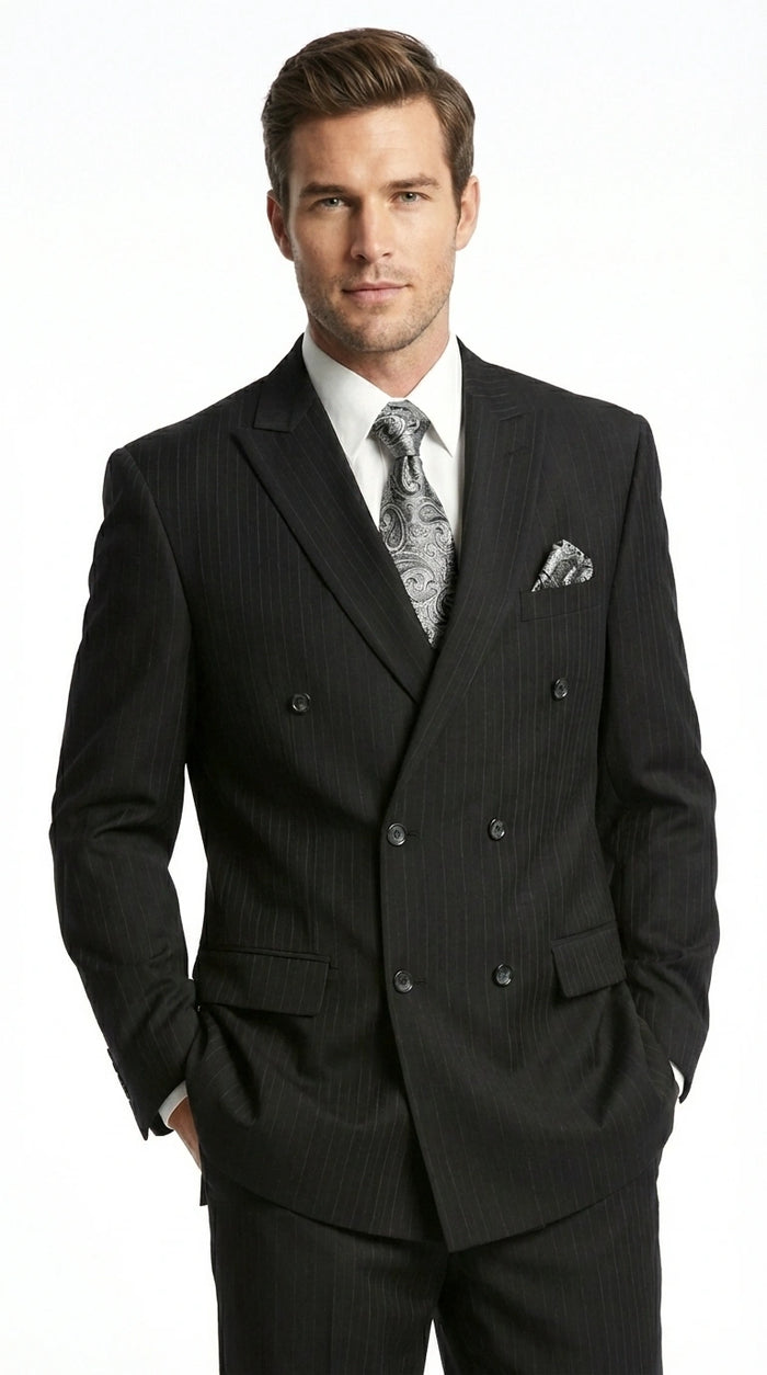 Men’s Black Pinstripe Double Breasted Suit – Peak Lapel Classic Fit Formal Business Conservative settle stripe